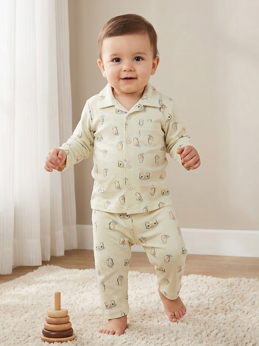 Cotton Collared Long Sleeves Pyjama Set with Avocado Print