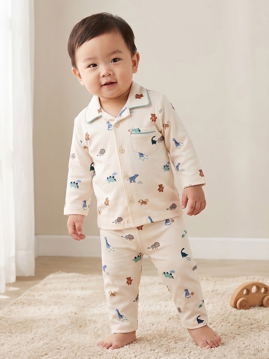 Cotton Collared Long Sleeves Pyjama Set with Safari Print