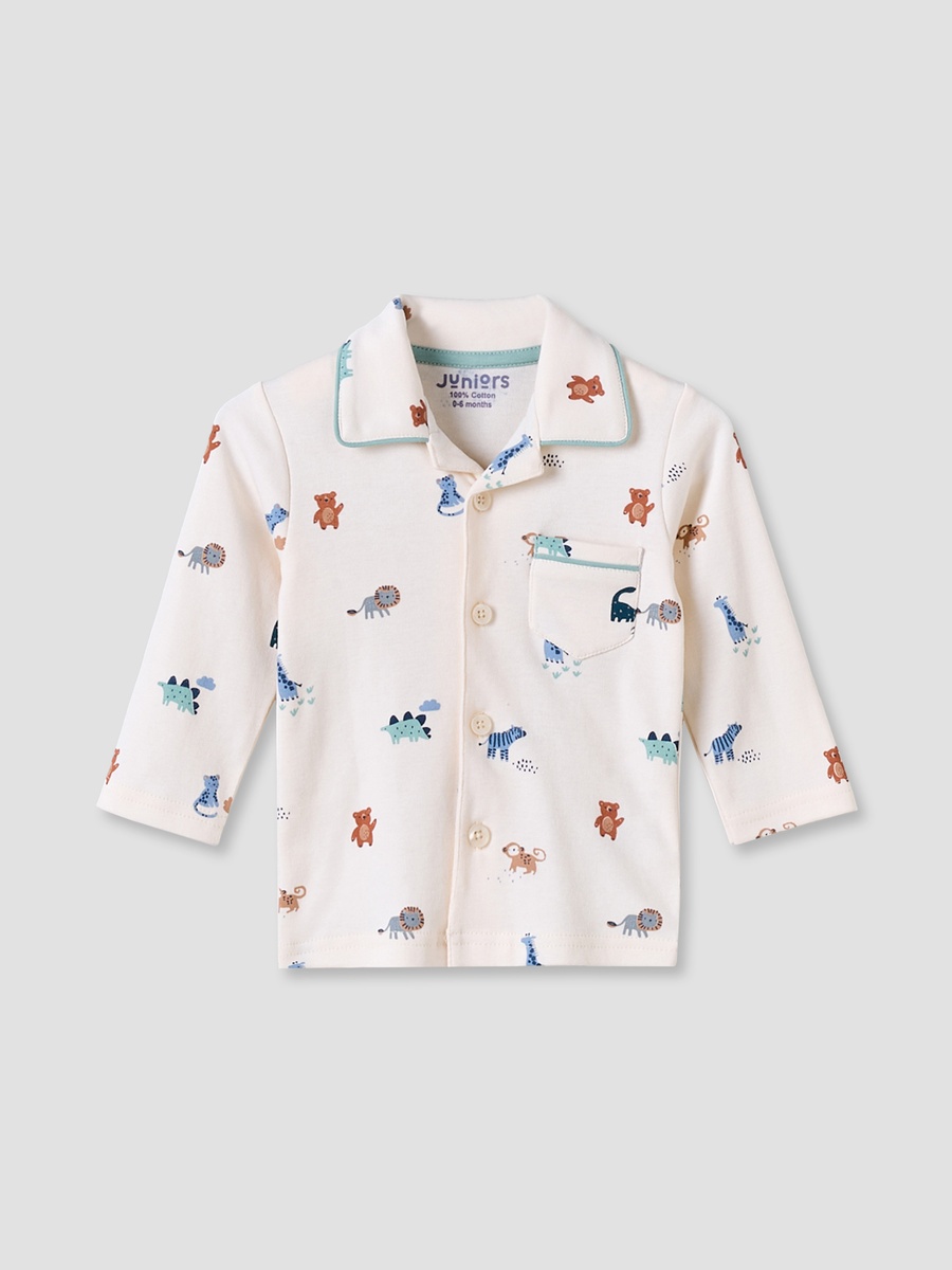 Cotton Collared Long Sleeves Pyjama Set with Safari Print