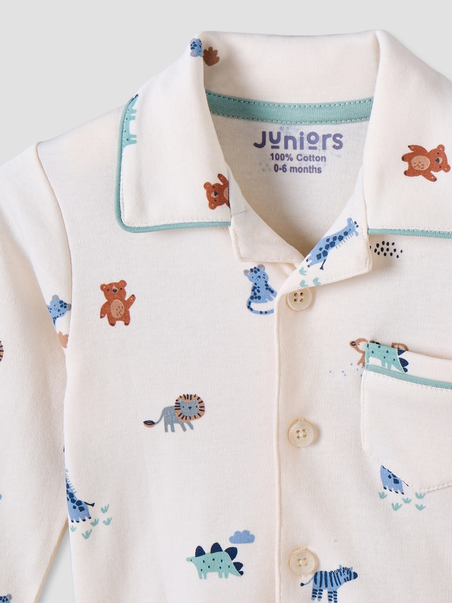 Cotton Collared Long Sleeves Pyjama Set with Safari Print