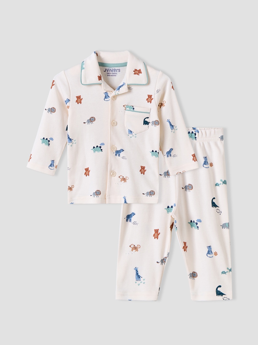 Cotton Collared Long Sleeves Pyjama Set with Safari Print