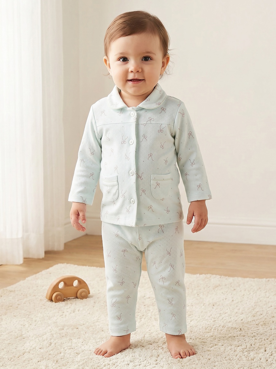 Cotton Collared Long Sleeves Pyjama Set with Bow Print