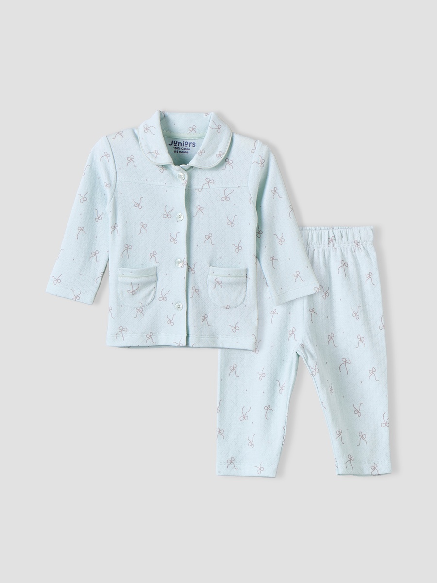 Cotton Collared Long Sleeves Pyjama Set with Bow Print