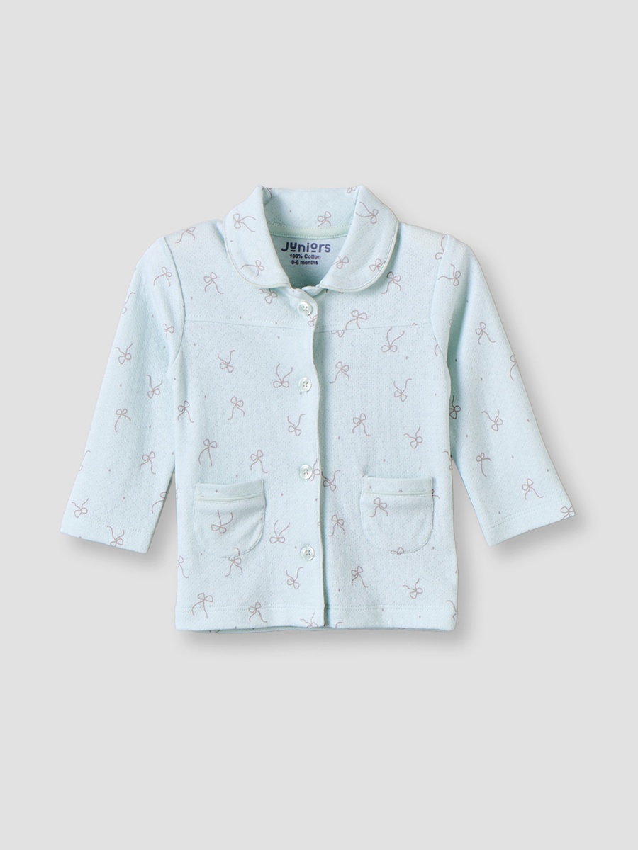 Cotton Collared Long Sleeves Pyjama Set with Bow Print
