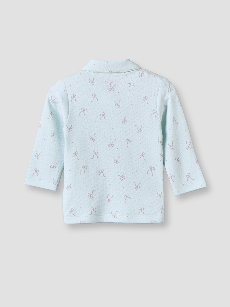 Cotton Collared Long Sleeves Pyjama Set with Bow Print