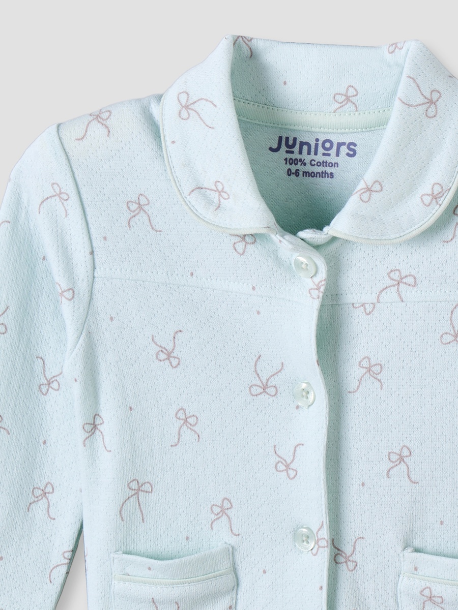 Cotton Collared Long Sleeves Pyjama Set with Bow Print