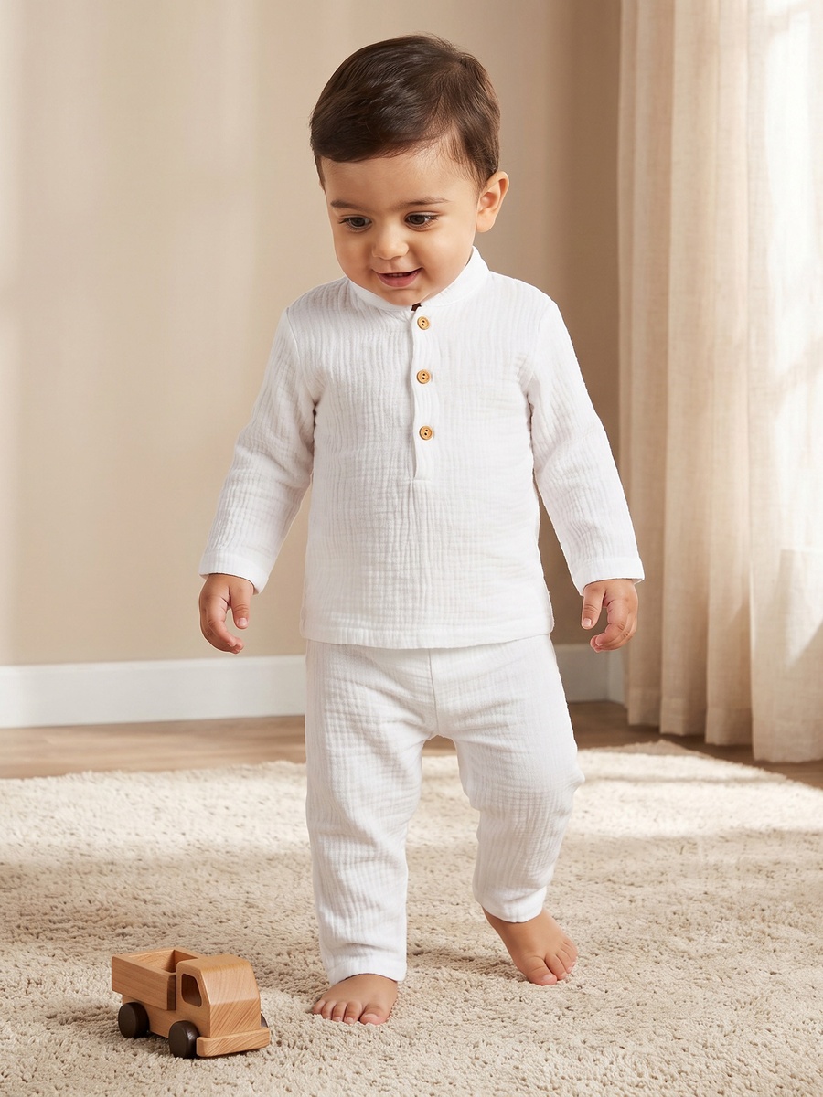 Cotton Mandarin Collar Long Sleeves Pyjama Set with Textured Design