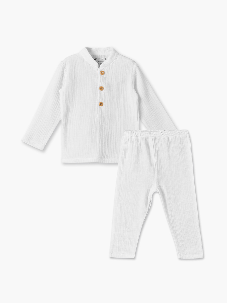 Cotton Mandarin Collar Long Sleeves Pyjama Set with Textured Design
