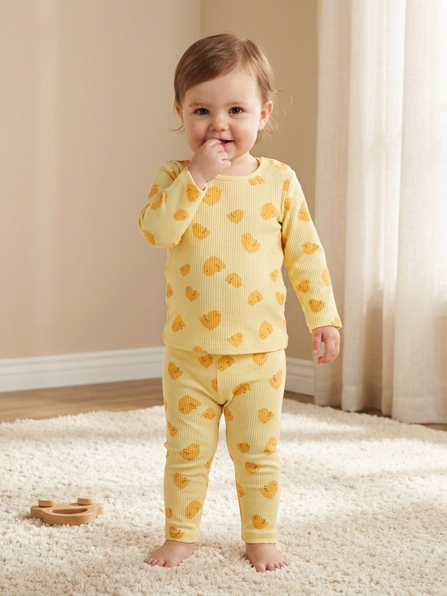 Cotton Round Neck Long Sleeves Pyjama Set with Bird Print