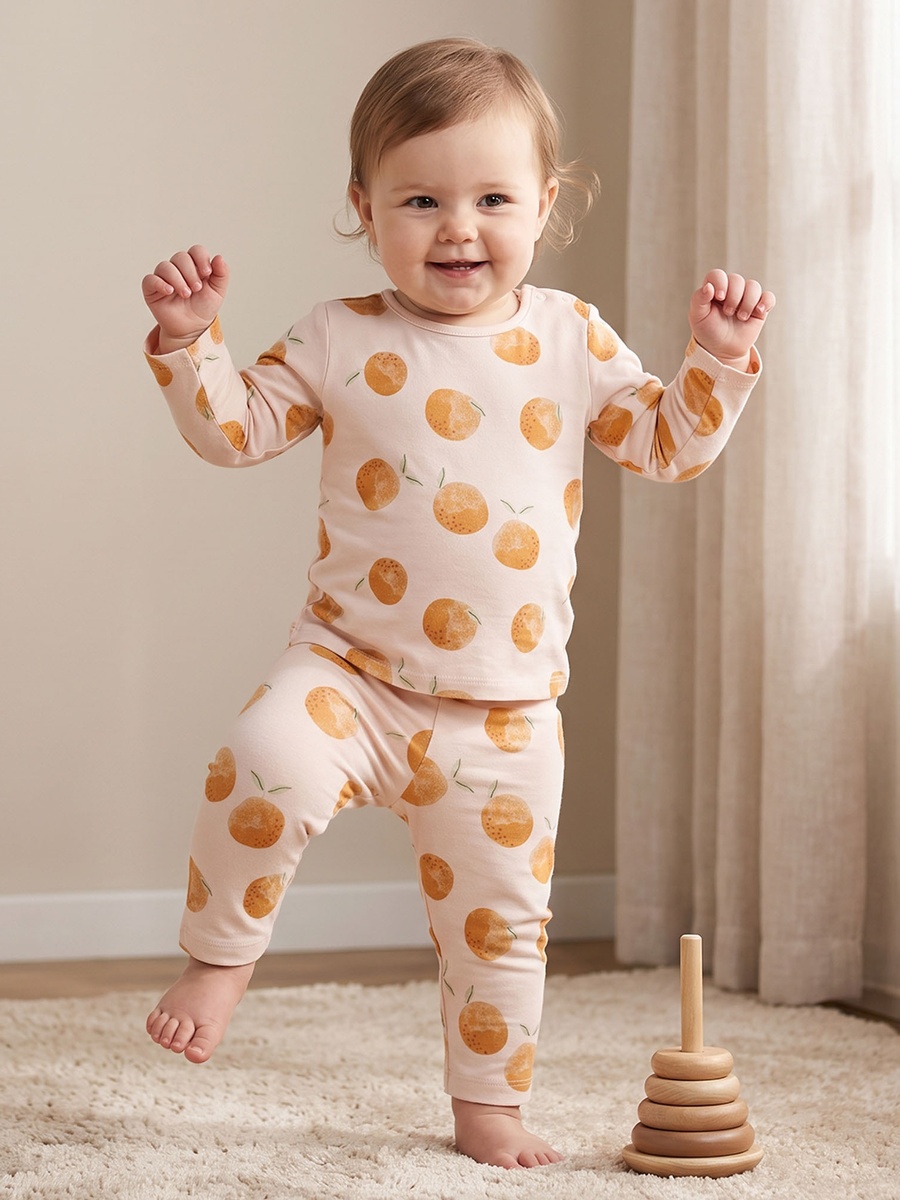 Cotton Crew Neck Long Sleeves Pyjama Set with Peach Fruit Print