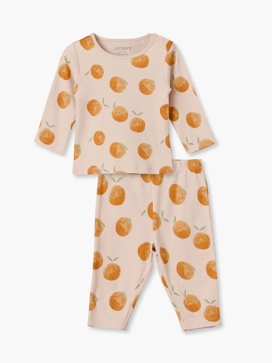 Cotton Crew Neck Long Sleeves Pyjama Set with Peach Fruit Print