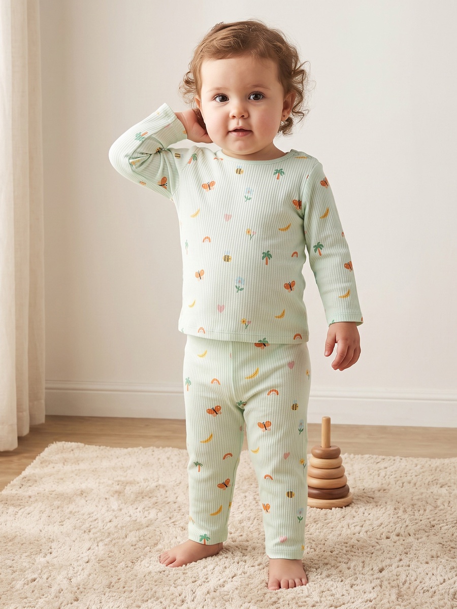 Cotton Round Neck Long Sleeves Pyjama Set with Butterfly Print