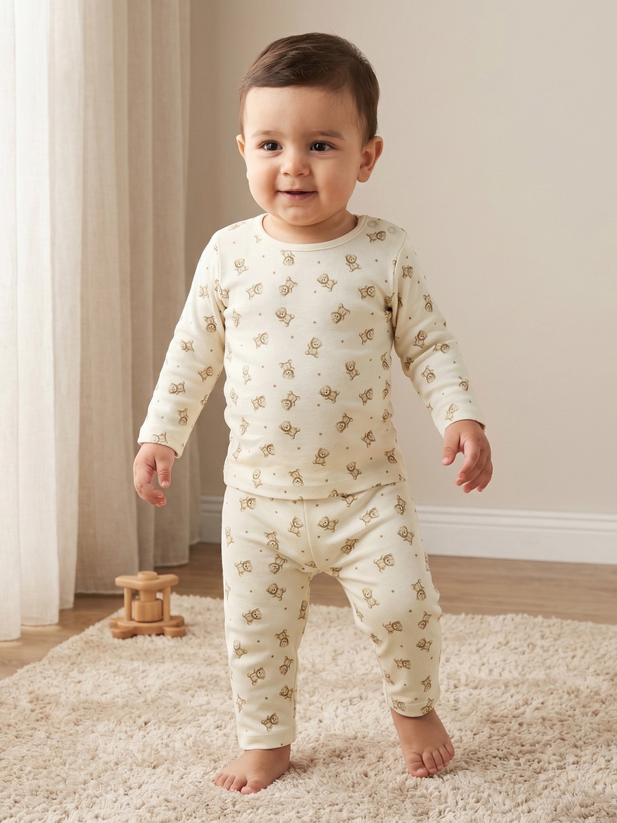 Cotton Round Neck Long Sleeves Pyjama Set with Teddy Bear Print
