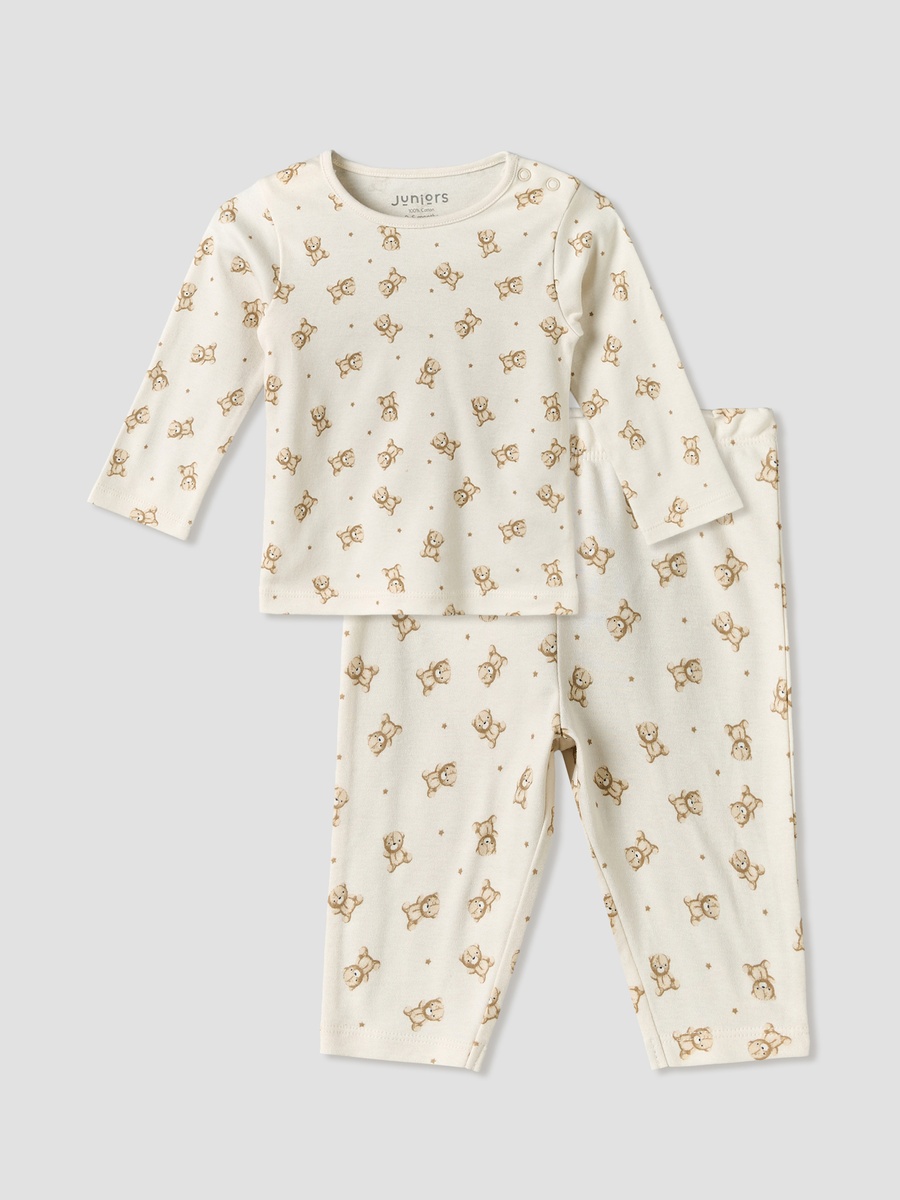 Cotton Round Neck Long Sleeves Pyjama Set with Teddy Bear Print