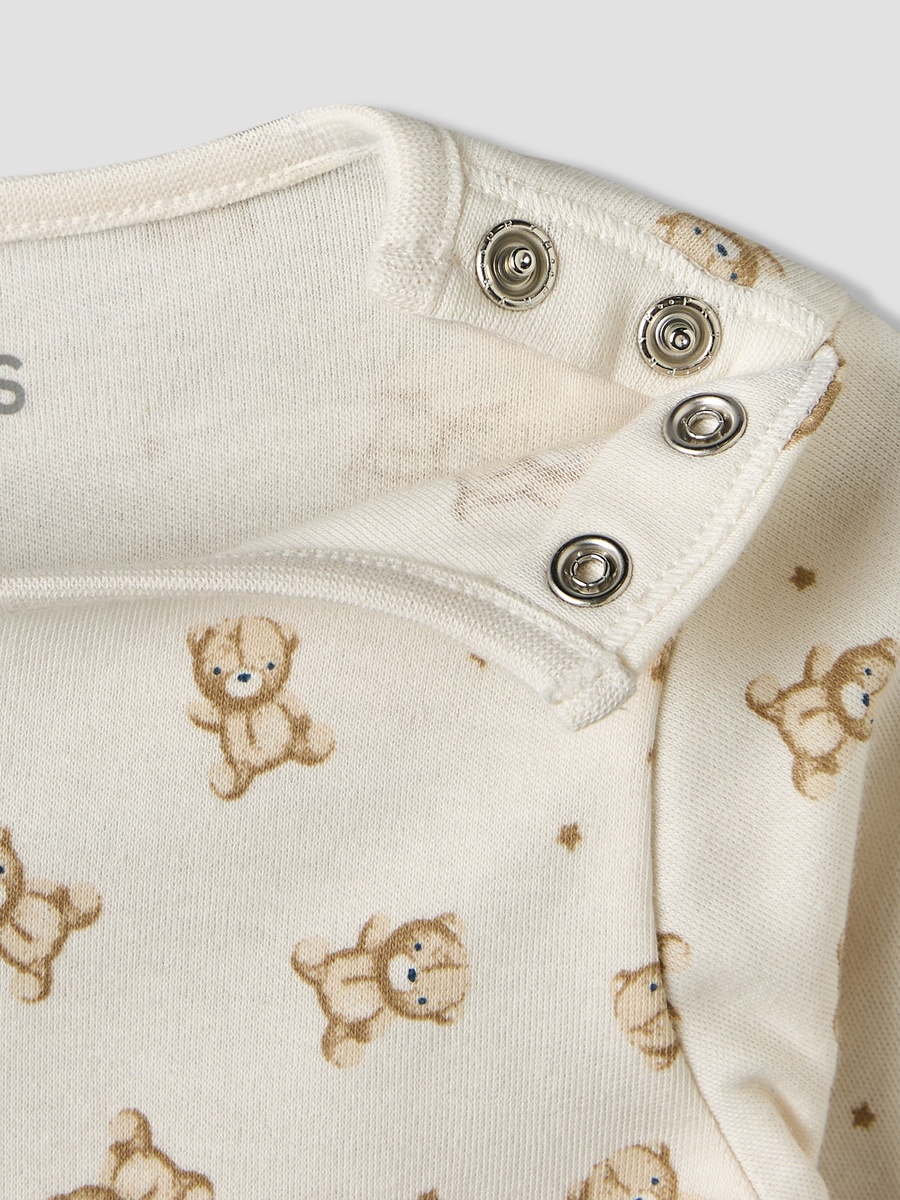 Cotton Round Neck Long Sleeves Pyjama Set with Teddy Bear Print