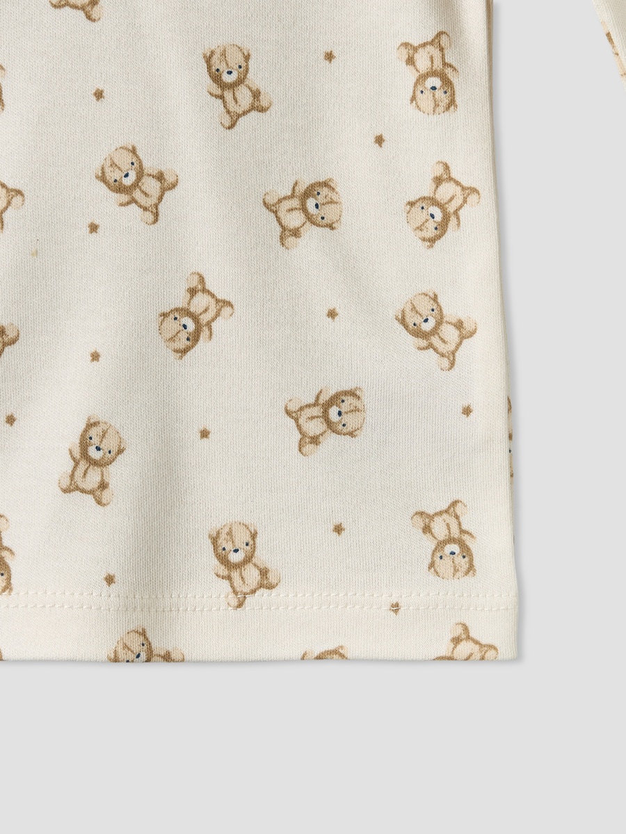 Cotton Round Neck Long Sleeves Pyjama Set with Teddy Bear Print
