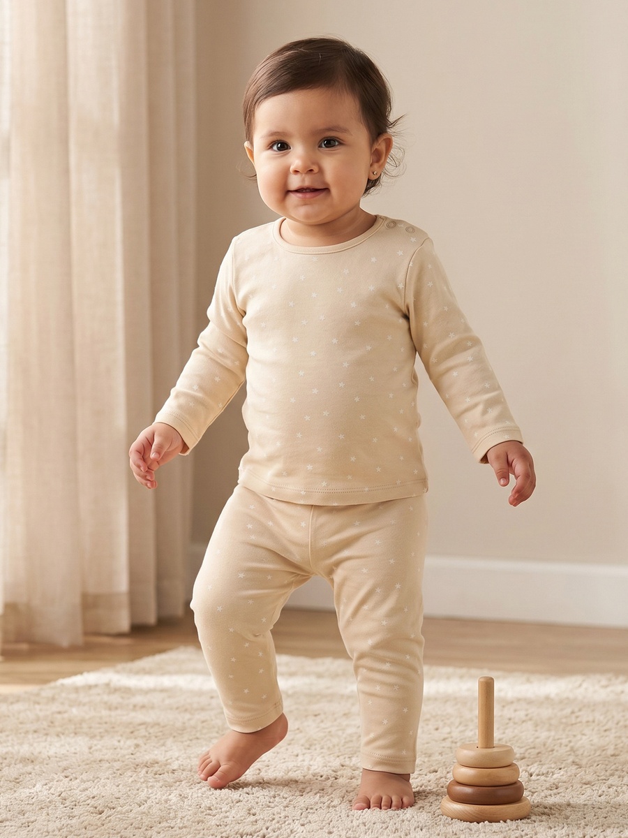 Cotton Round Neck Long Sleeves Pyjama Set with Star Print
