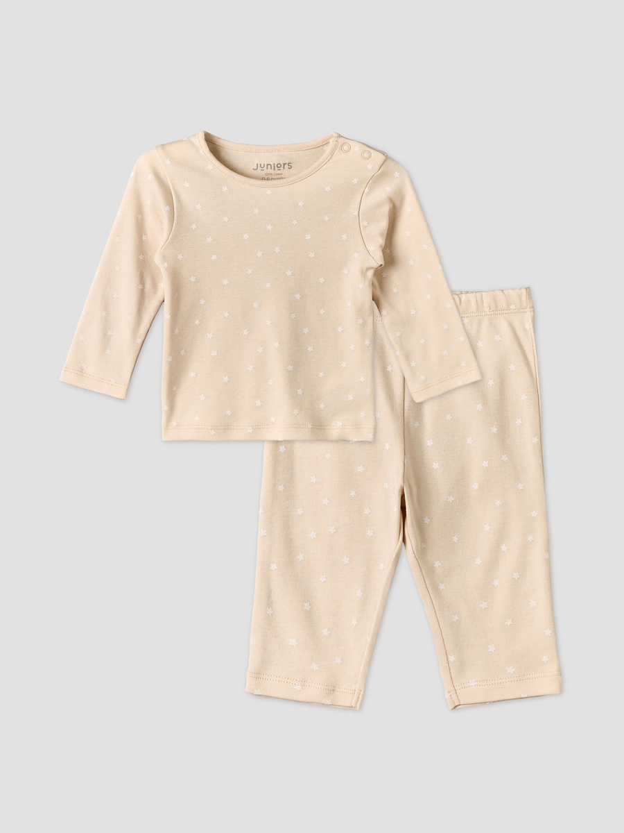 Cotton Round Neck Long Sleeves Pyjama Set with Star Print