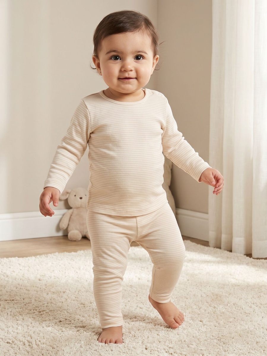 Cotton Round Neck Long Sleeves Pyjama Set with Stripes