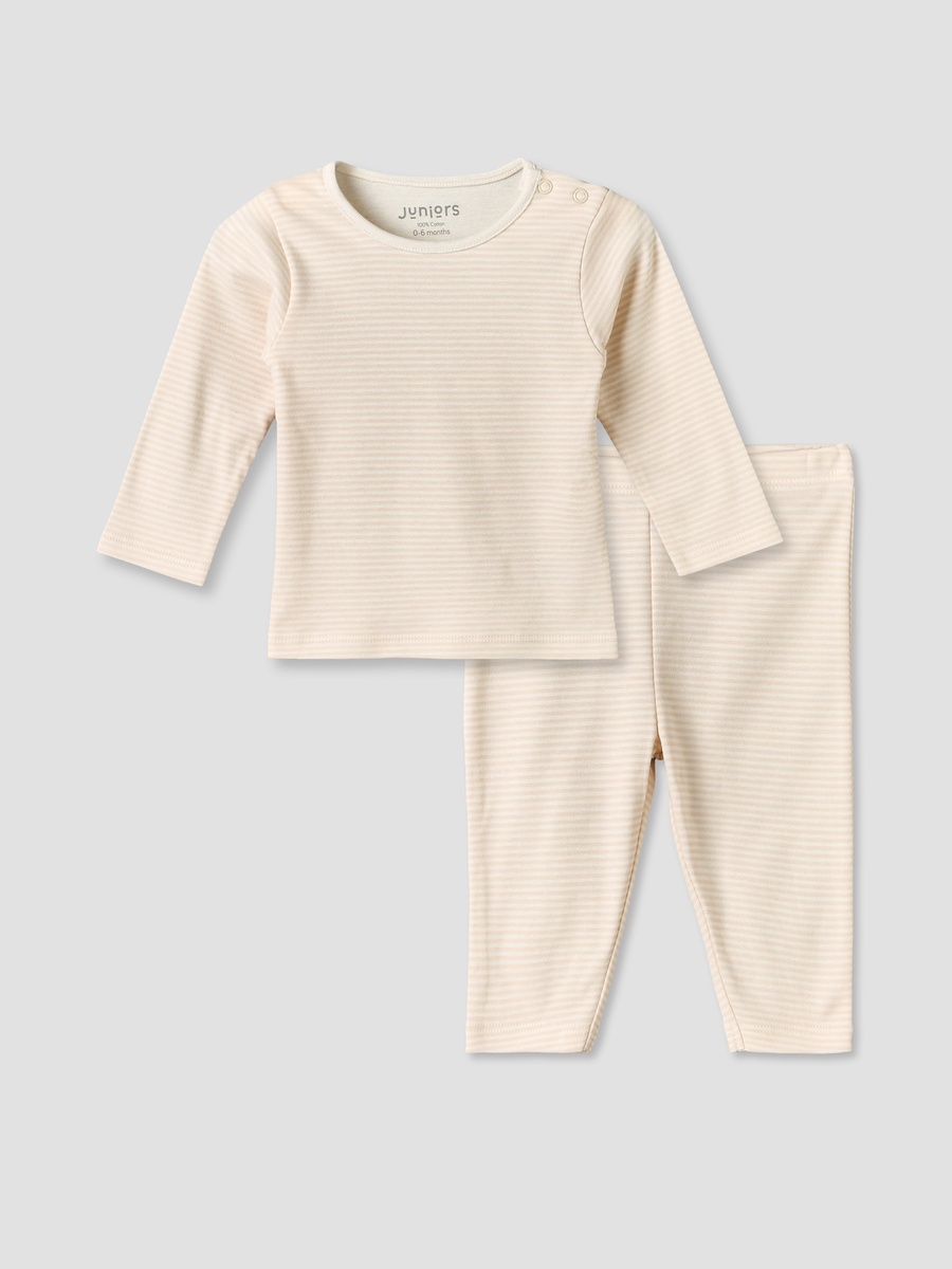 Cotton Round Neck Long Sleeves Pyjama Set with Stripes