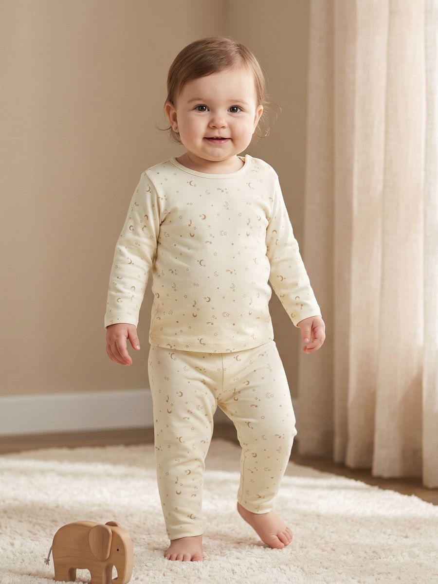 Cotton Round Neck Long Sleeves Pyjama Set with Celestial Print