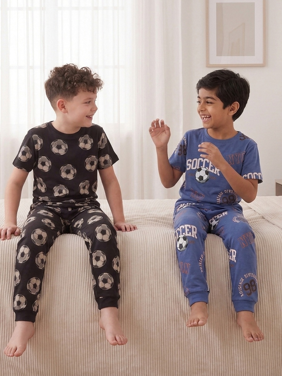 Pack of 2 Cotton Crew Neck Short Sleeves Pyjama Set with Soccer Print