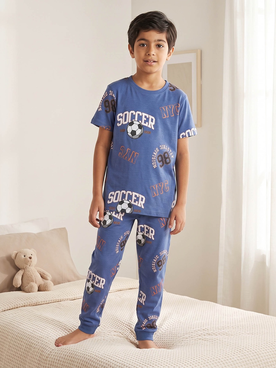 Pack of 2 Cotton Crew Neck Short Sleeves Pyjama Set with Soccer Print