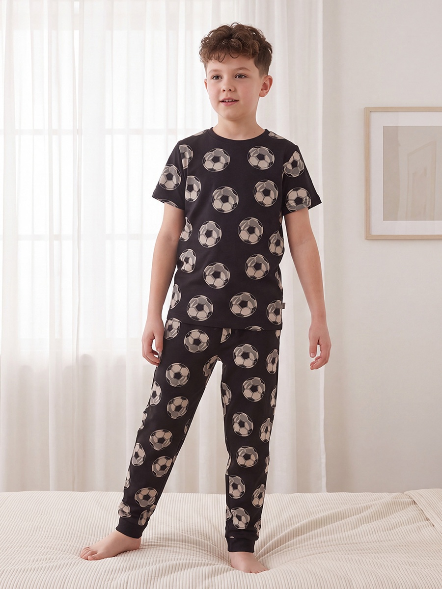 Pack of 2 Cotton Crew Neck Short Sleeves Pyjama Set with Soccer Print