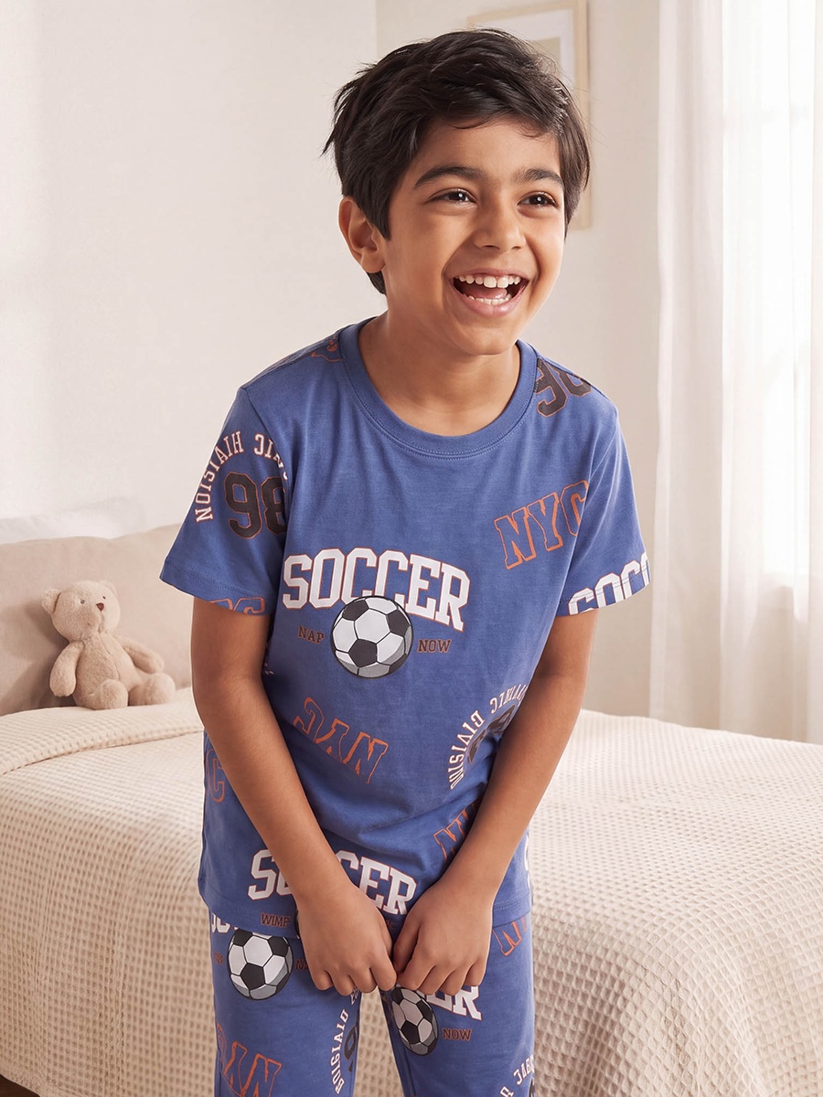Pack of 2 Cotton Crew Neck Short Sleeves Pyjama Set with Soccer Print
