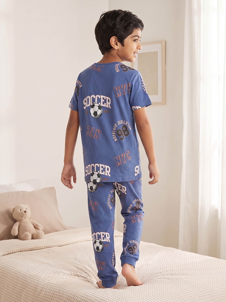 Pack of 2 Cotton Crew Neck Short Sleeves Pyjama Set with Soccer Print