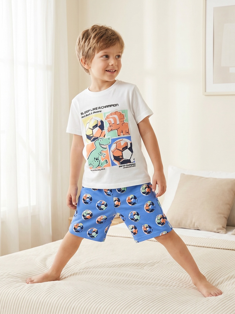 Cotton Crew Neck Short Sleeves Pyjama Set with Dinosaur and Football Print