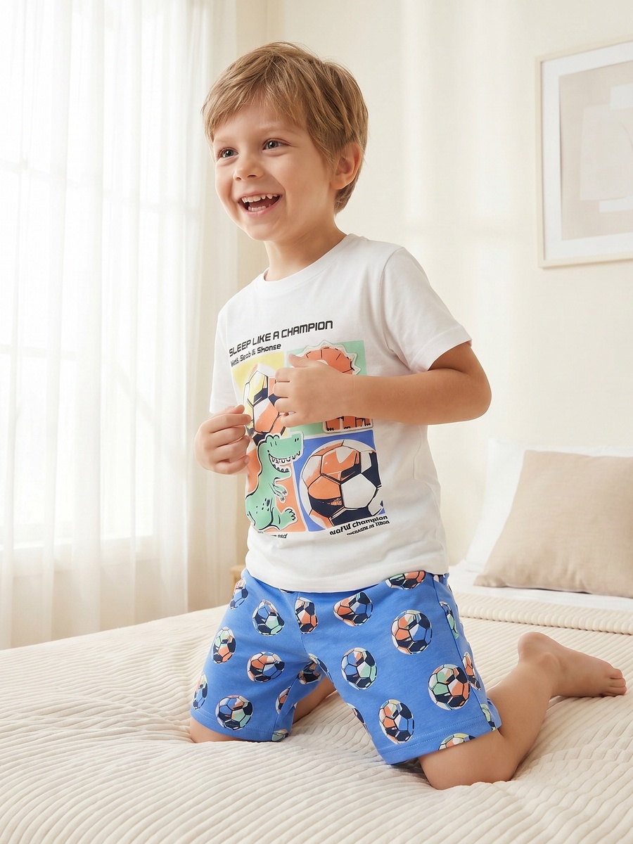 Cotton Crew Neck Short Sleeves Pyjama Set with Dinosaur and Football Print