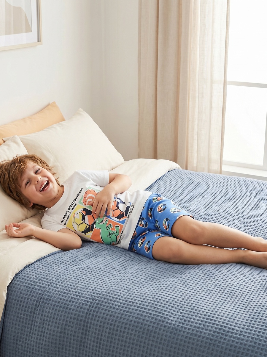 Cotton Crew Neck Short Sleeves Pyjama Set with Dinosaur and Football Print