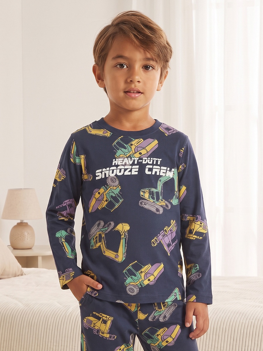 Cotton Crew Neck Long Sleeves Pyjama Set with Construction Vehicle Print