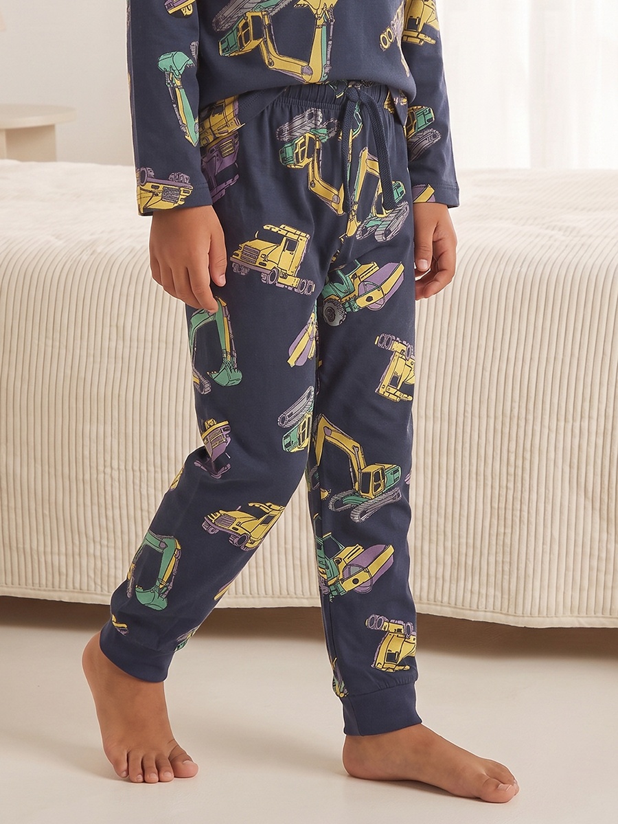 Cotton Crew Neck Long Sleeves Pyjama Set with Construction Vehicle Print