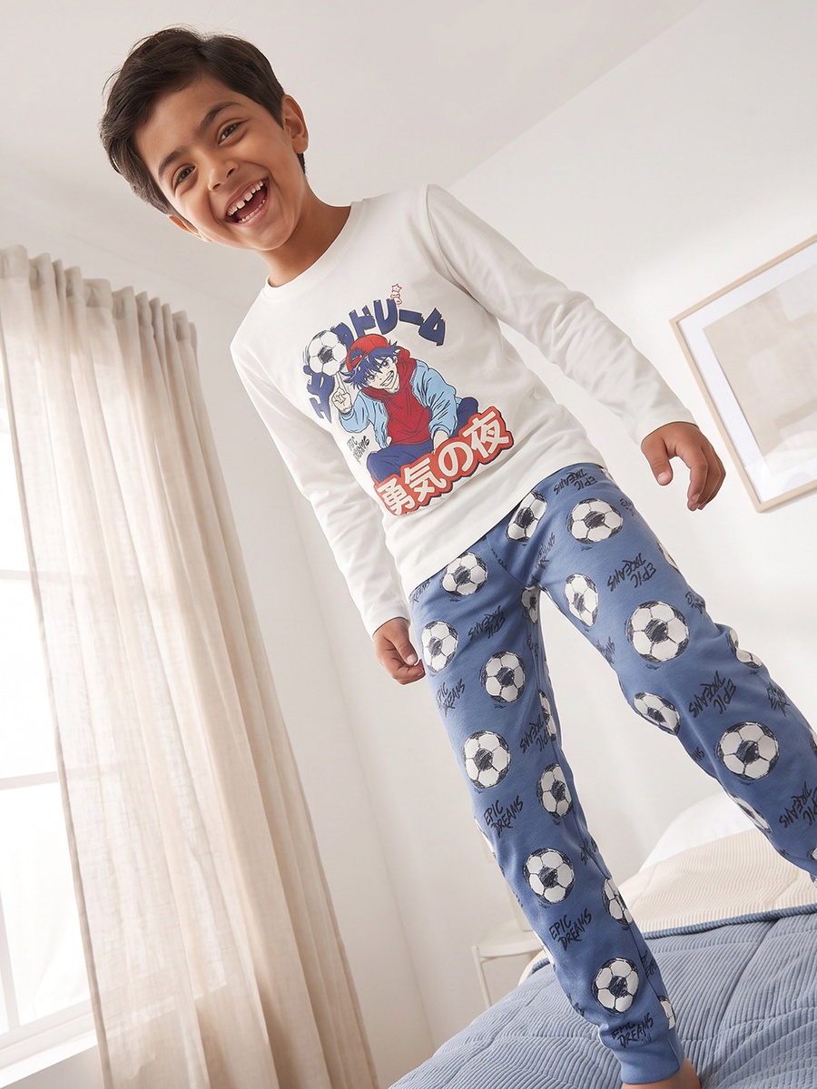 Cotton Crew Neck Long Sleeves Pyjama Set with Anime Print