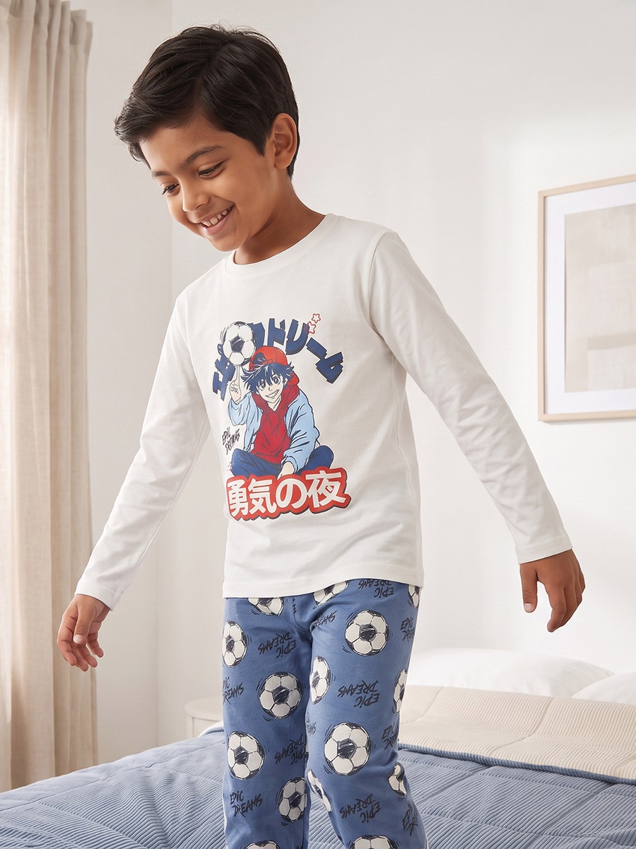 Cotton Crew Neck Long Sleeves Pyjama Set with Anime Print