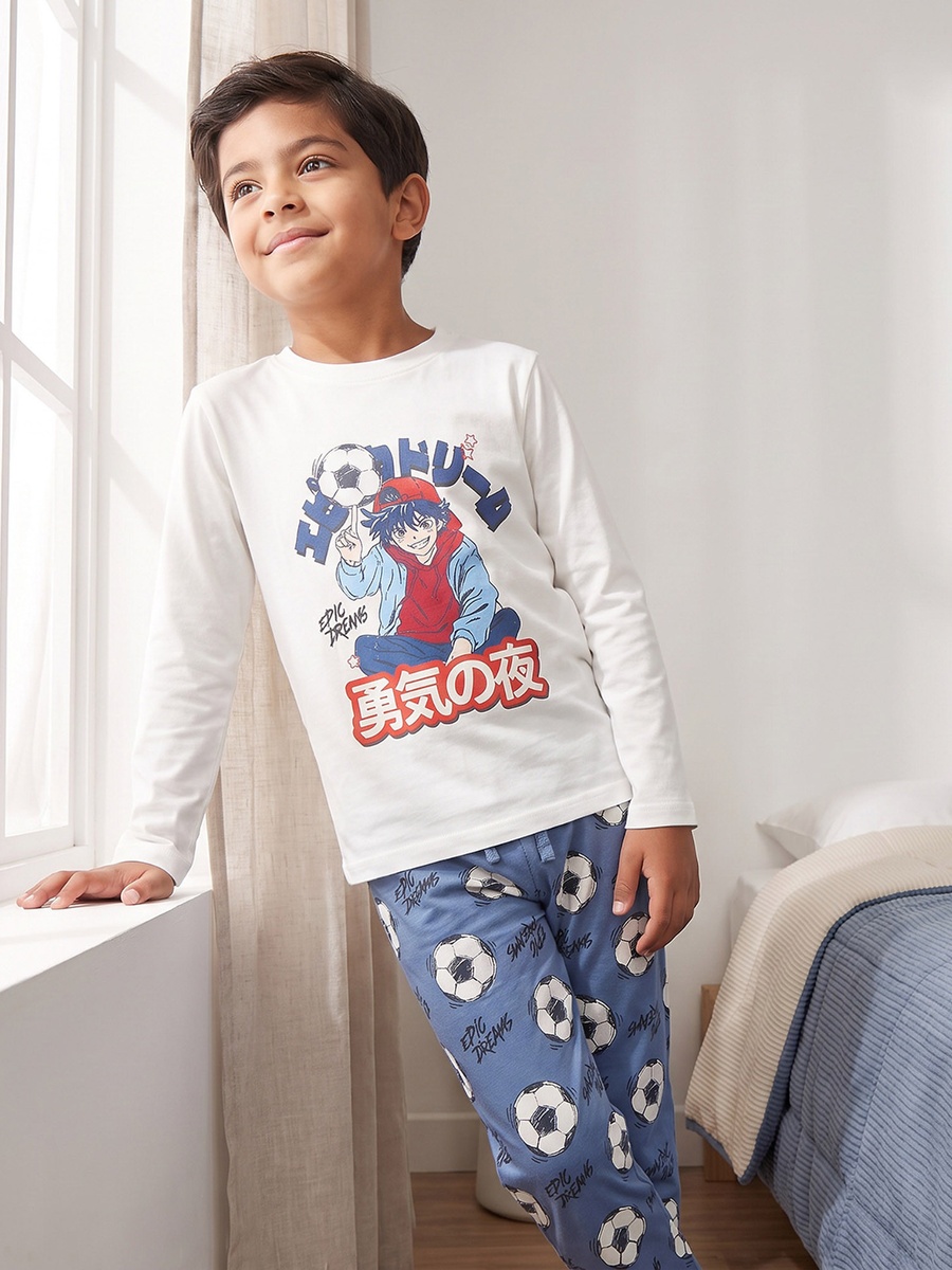 Cotton Crew Neck Long Sleeves Pyjama Set with Anime Print