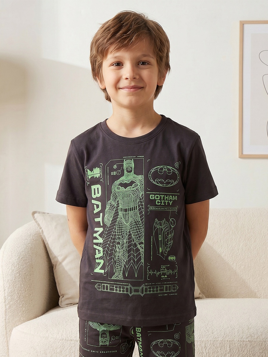 Cotton Crew Neck Short Sleeves Pyjama Set with Batman Print