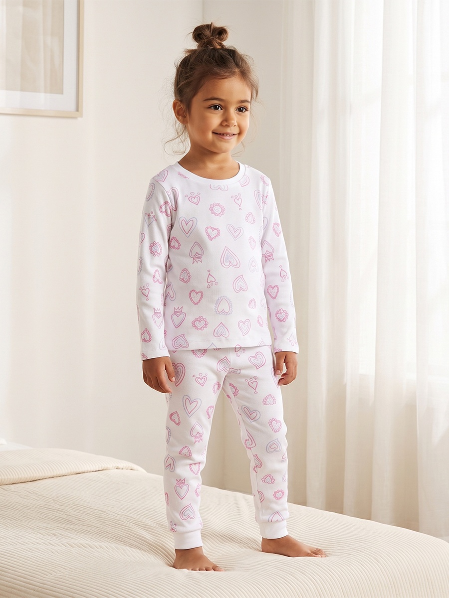 Cotton Crew Neck Long Sleeves Pyjama Set with Heart Print