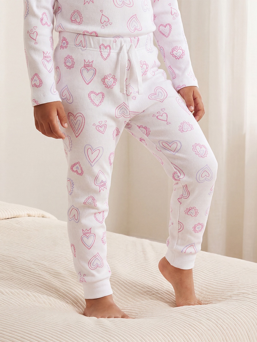 Cotton Crew Neck Long Sleeves Pyjama Set with Heart Print