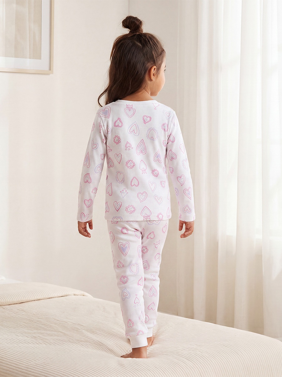 Cotton Crew Neck Long Sleeves Pyjama Set with Heart Print