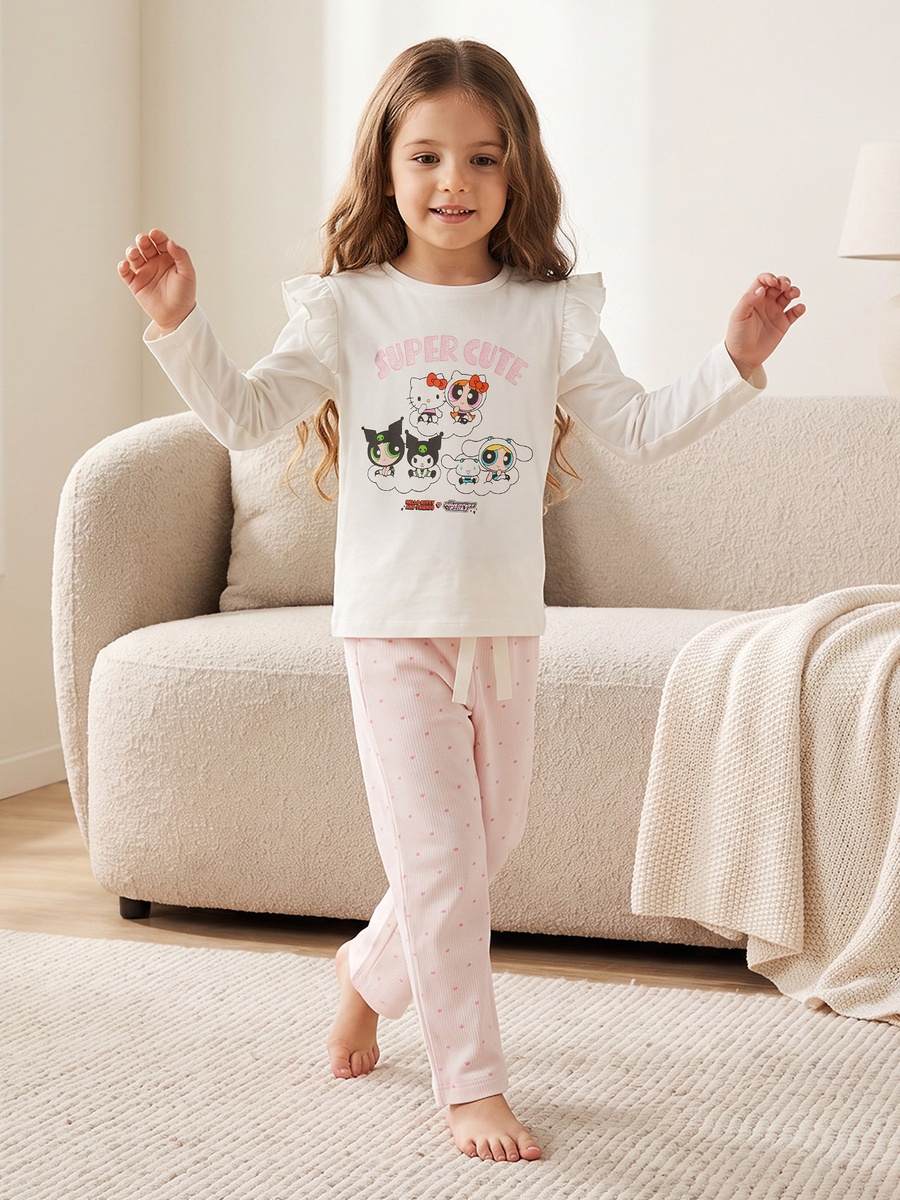 Cotton Crew Neck Long Sleeves Pyjama Set with Powerpuff Girls and Hello Kitty Print