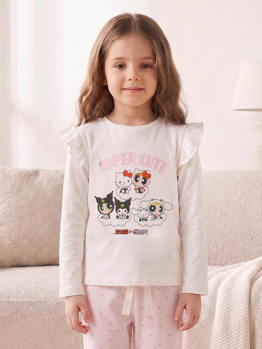 Cotton Crew Neck Long Sleeves Pyjama Set with Powerpuff Girls and Hello Kitty Print
