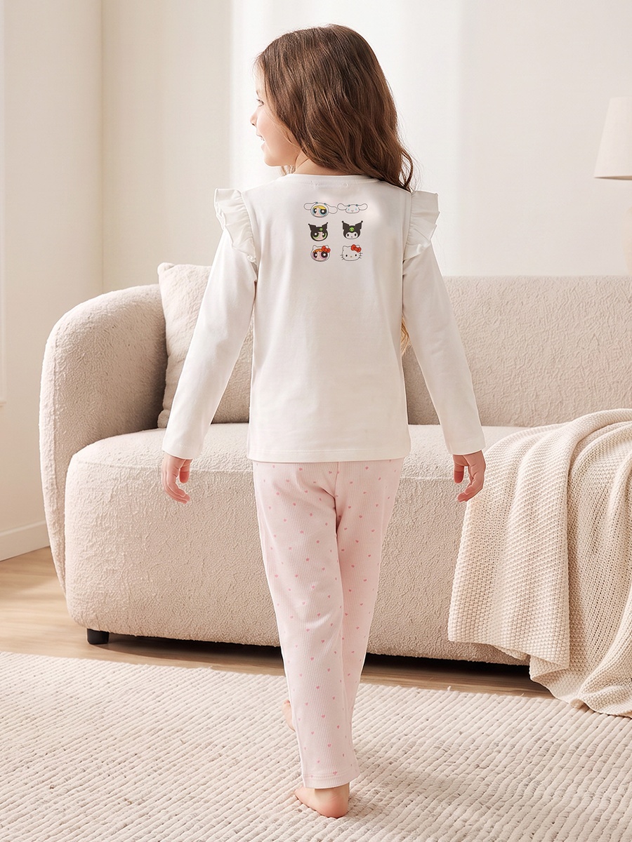 Cotton Crew Neck Long Sleeves Pyjama Set with Powerpuff Girls and Hello Kitty Print