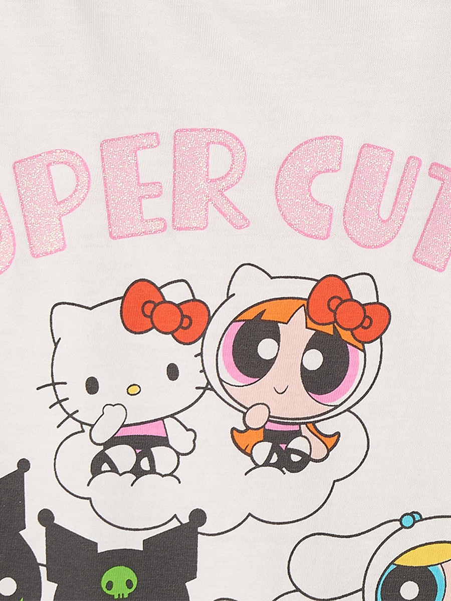 Cotton Crew Neck Long Sleeves Pyjama Set with Powerpuff Girls and Hello Kitty Print