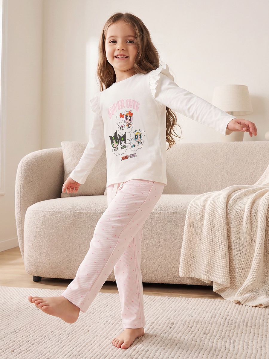 Cotton Crew Neck Long Sleeves Pyjama Set with Powerpuff Girls and Hello Kitty Print