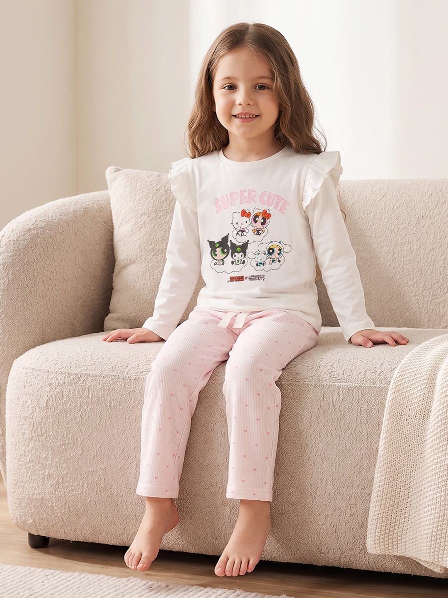 Cotton Crew Neck Long Sleeves Pyjama Set with Powerpuff Girls and Hello Kitty Print