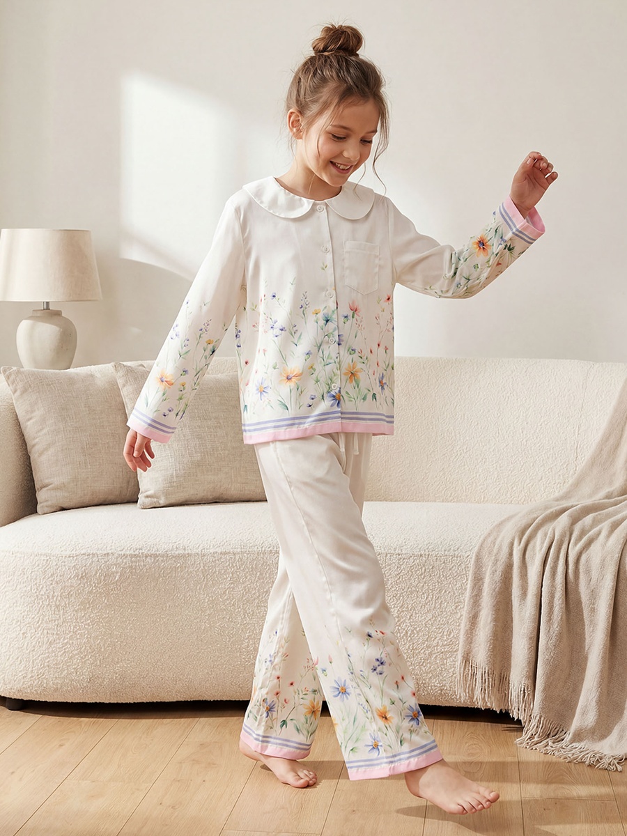 Cotton Peter Pan Collar Long Sleeves Pyjama Set with Floral Print