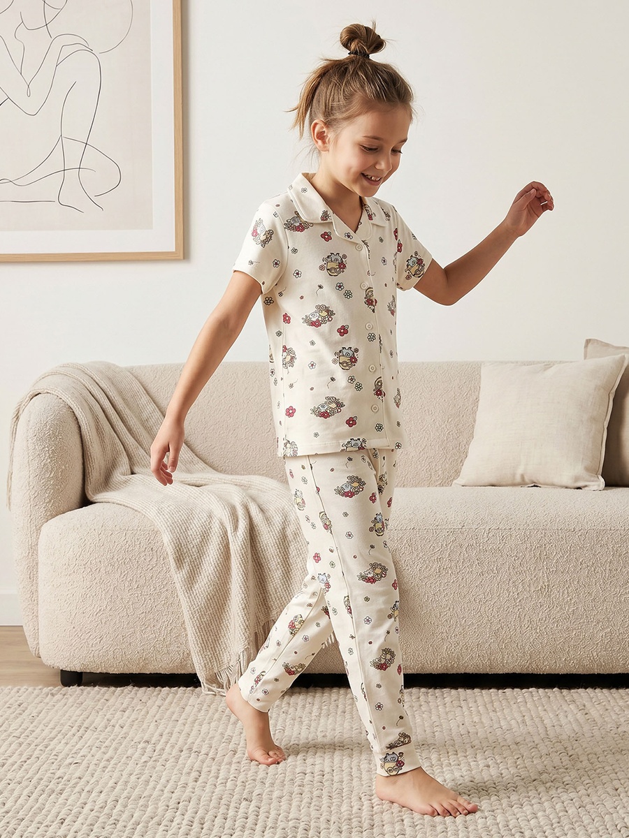Cotton Collared Short Sleeves Pyjama Set with Minions Print